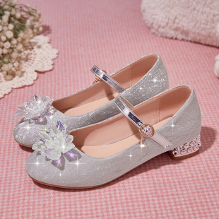 26-39 new crystal shoes performance thick heel low heel piano stage flower buckle princess shoes children's shoes