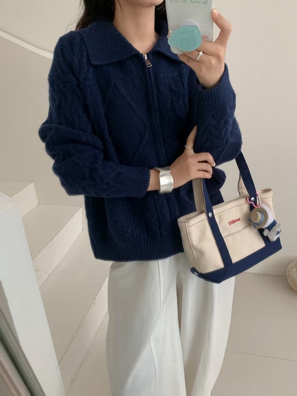 复古针织开衫女装秋冬新款跨境宽松慵懒风麻花翻领拉链毛衣外套女|undefined
