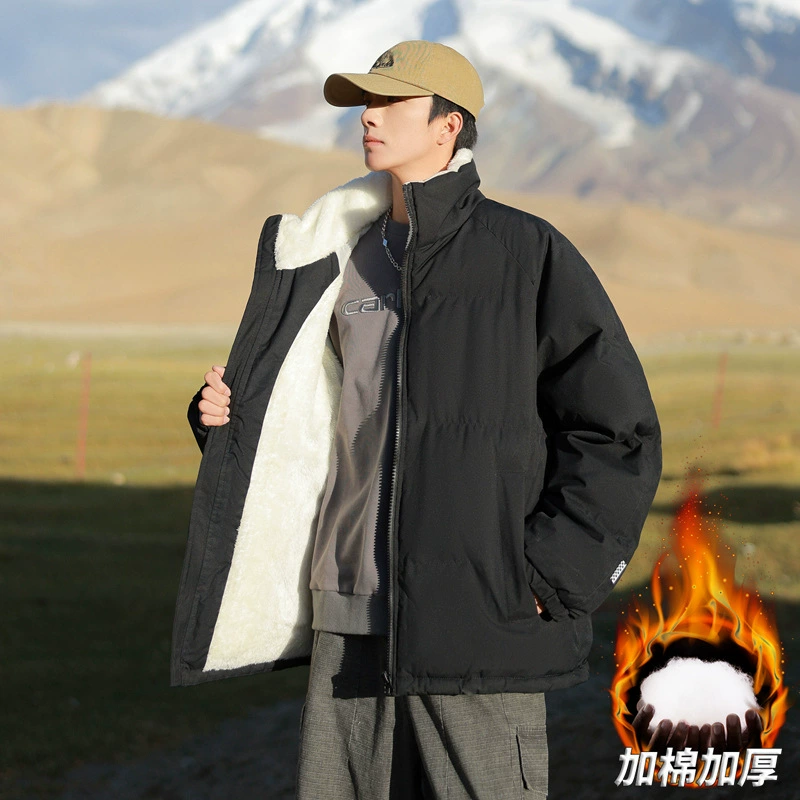 Кашемировая хлопчатобумажная куртка мужской зимний 2024 новый бархат утолщенный и теплый холодный воротник хлопчатобумажная куртка однотонного цвета