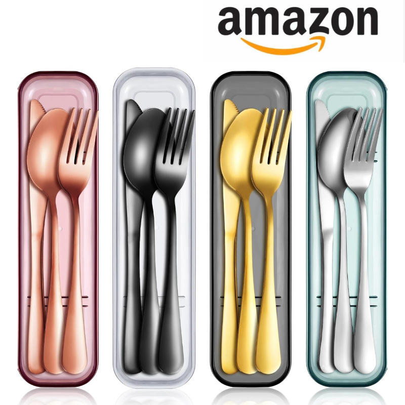 跨境亚马逊不锈钢餐具4件套西餐具刀叉勺户外便携式餐具三件套装