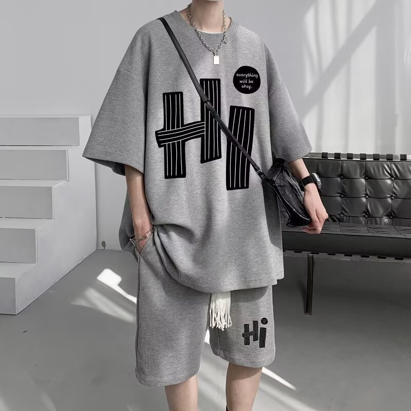 夏のワッフルスポーツスーツメンズオーバーサイズハンサムTシャツショーツツーピースセットトレンディなメンズファッションウェア|undefined
