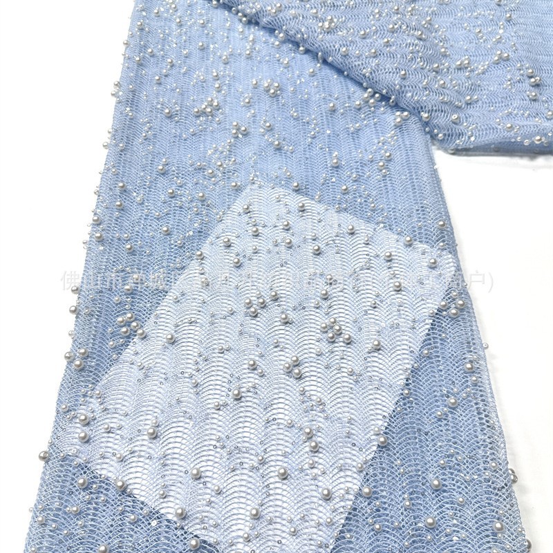 Inventario de tela de malla de cuentas de clavos pesados tamaño de perla ondulado bordado vestido de boda vestido de noche cheongsam tela