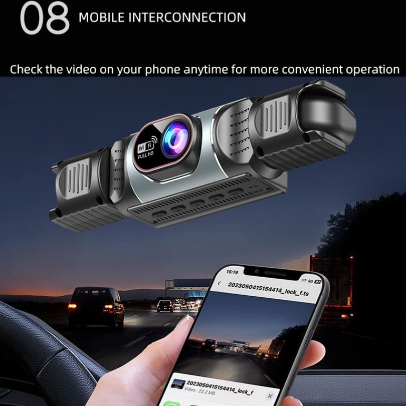 Three-lens dashcam with front, rear, and interior night vision, WiFi connectivity, parking monitoring, and in-car recording