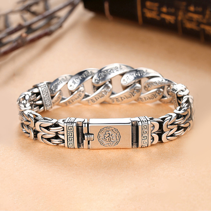 S925 sterling silver jewelry men's personality domineering six-character mantra peace pattern transfer bracelet retro silver chain