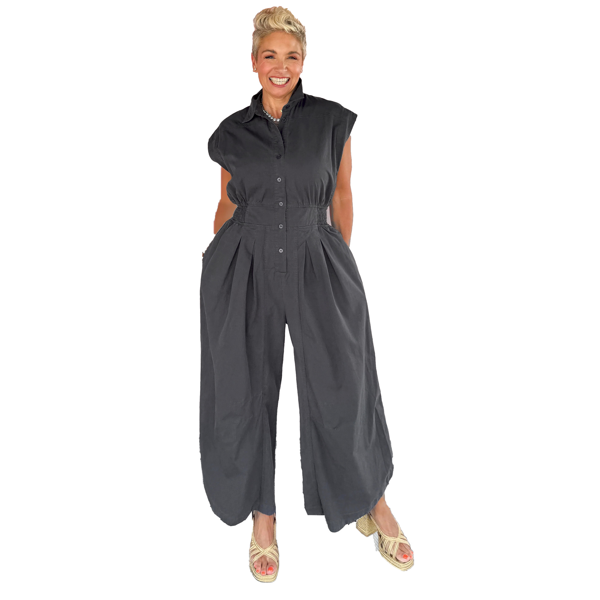 Mono mujer sin mangas con solapa y bolsillos estilo trabajo_voghion.com
