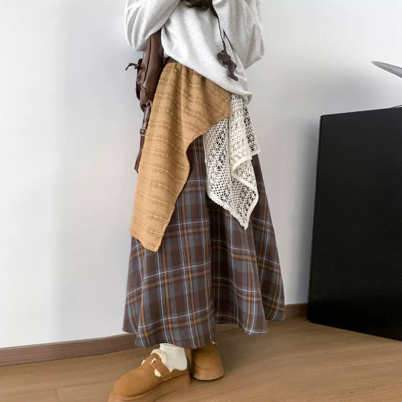 设计感不规则蕾丝拼接格子半身裙女秋冬小众A字伞裙显瘦中长款裙