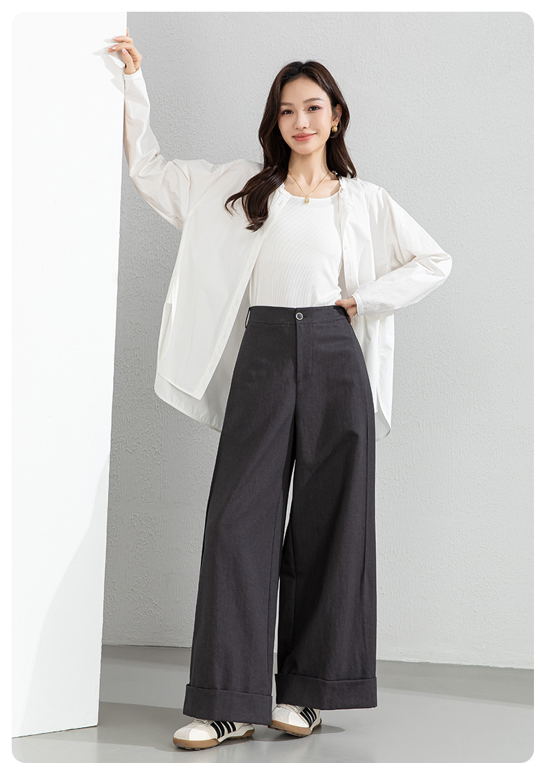 Quần culottes nữ ống rộng cạp cao chất liệu Tencel cotton, dáng suông rủ nhẹ — Xám gạo chi tiết 21