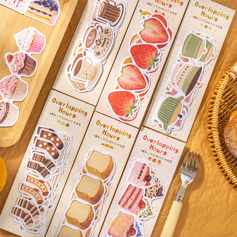 Long Strip-Shaped Sticky Notes with Overlapping Designs, Small Moments Series, Cute Pattern Illustrations, Dessert and Fruit Gift Decoration Labels