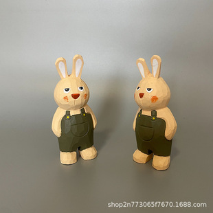 Wooden Handmade Creative Handmade Wood Carving Cute Long-Eared Rabbit Original Home Office Desktop Decoration Ornaments