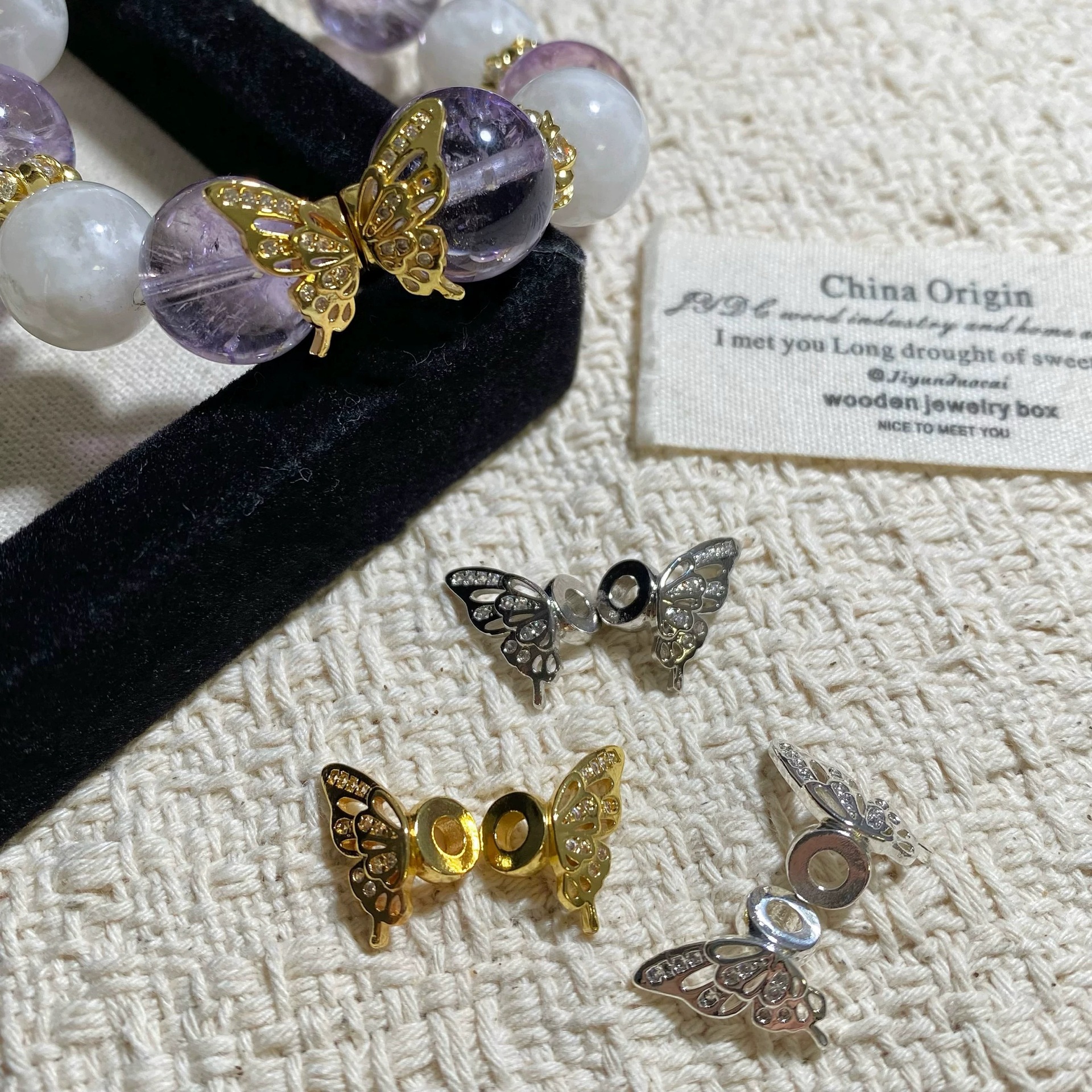 14K Gold-Plated Color-Preserving Butterfly Wings Pair Crystal DIY Accessories Jewelry Spacer Inlaid with Zircon Bracelet Spacer Beads