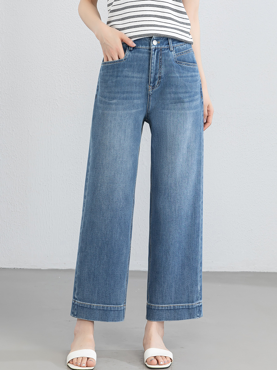 Quần tây nữ ống đứng cạp cao co giãn vải Lyocell denim dáng suông — xanh lam