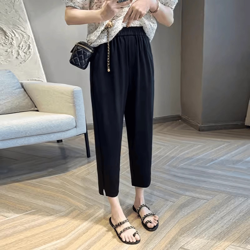 Women's Casual Pants, Autumn New Style, High Waist, Slimming, Fitting for Plus-Size Women (Up to 200 lbs), Thin Roman Cotton Cropped Cigarette Pants, Size 3422