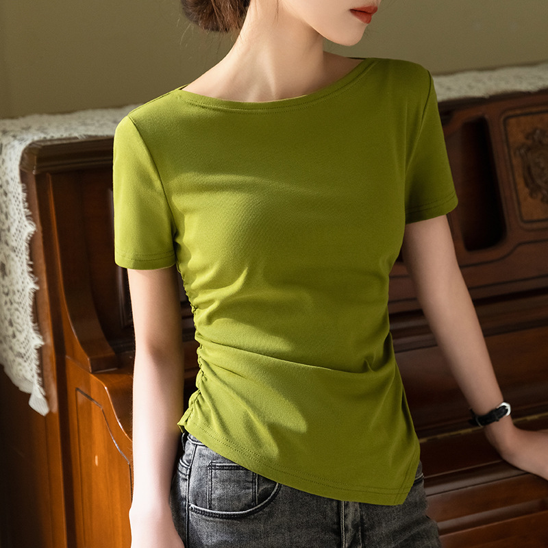 Camiseta de manga corta blanca para mujer 2023 Ropa de mujer Nueva elegante Camiseta de algodón fuera del hombro irregular dobladillo plisado superior