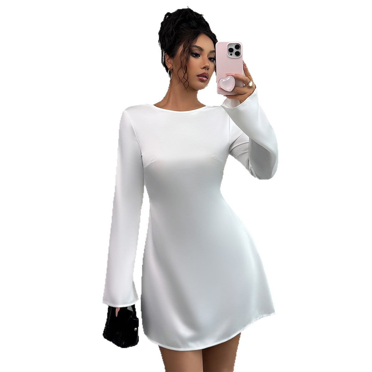 Elegant Backless Long Sleeve Party Dress For Women – Bodycon Mini Dress With Round Neck, Comfortable Polyester Fabric Versatile For Evening Events_ecoleips.com