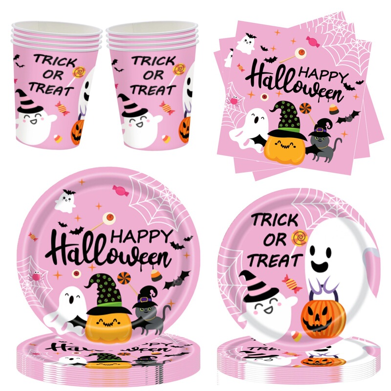 Pink Halloween Theme Tableware Cute Pumpkin Decoration Children Horror Holiday Disposable Paper Plate Tissue suit