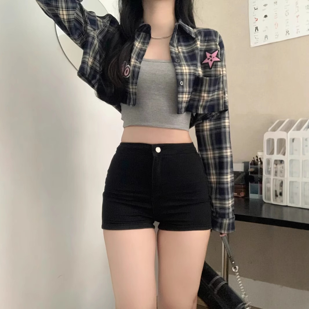 Black Stretch Tight Denim Shorts Women's Summer Slim Look Sexy Spice Girl A- Word High Waist Hot Trendy Trousers for Trade