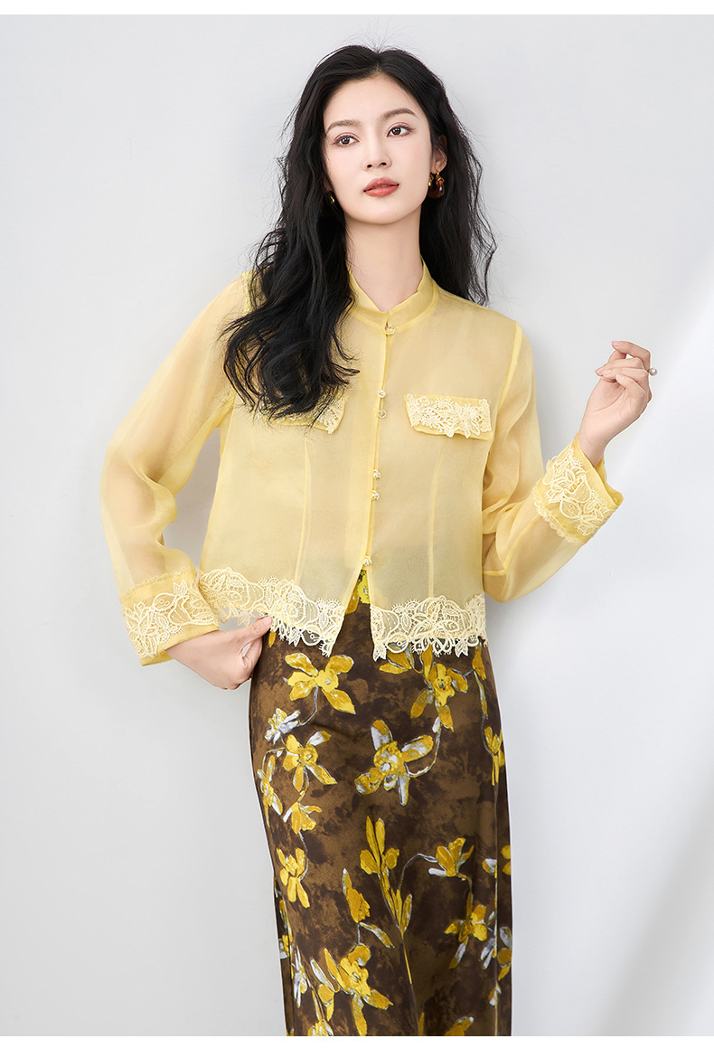 Áo sơ mi dài tay lụa organza cao cấp kiểu Trung Quốc mới mùa hè — Màu đen chi tiết 23
