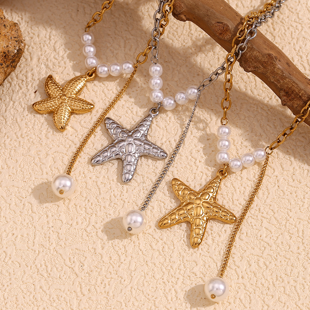 Starfish Imitation Pearl Fringe Stainless Steel Pendant Necklace
