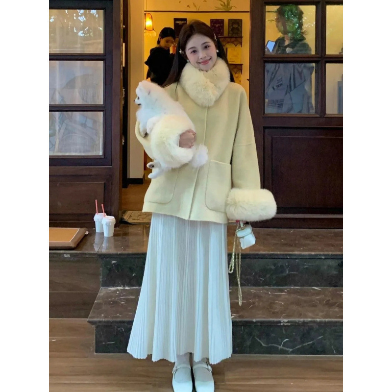 高级感气质温柔双面呢子大衣女秋冬时尚毛领斗篷保暖短款毛呢外套|undefined