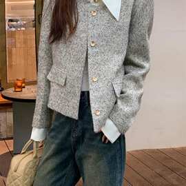 2026秋冬韩系假两件拼接翻领小香风有內里加垫肩 原版尺寸