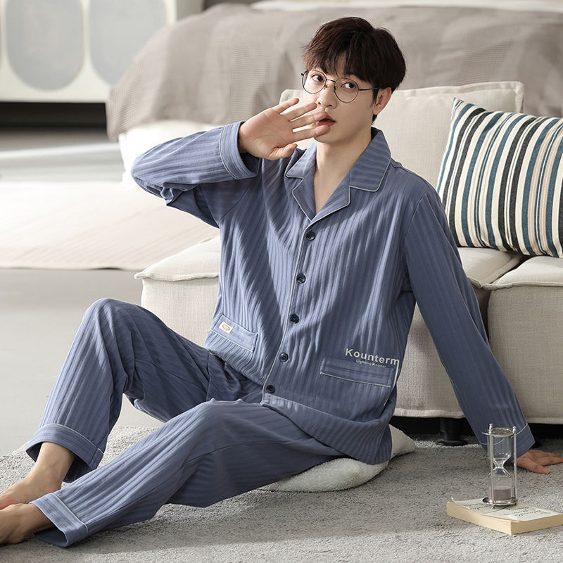 Pajamas de algodón de hombre primavera y otoño de manga larga nueva ropa casera suelta de tamaño grande engordado conjunto de ropa de hombre otoño y invierno