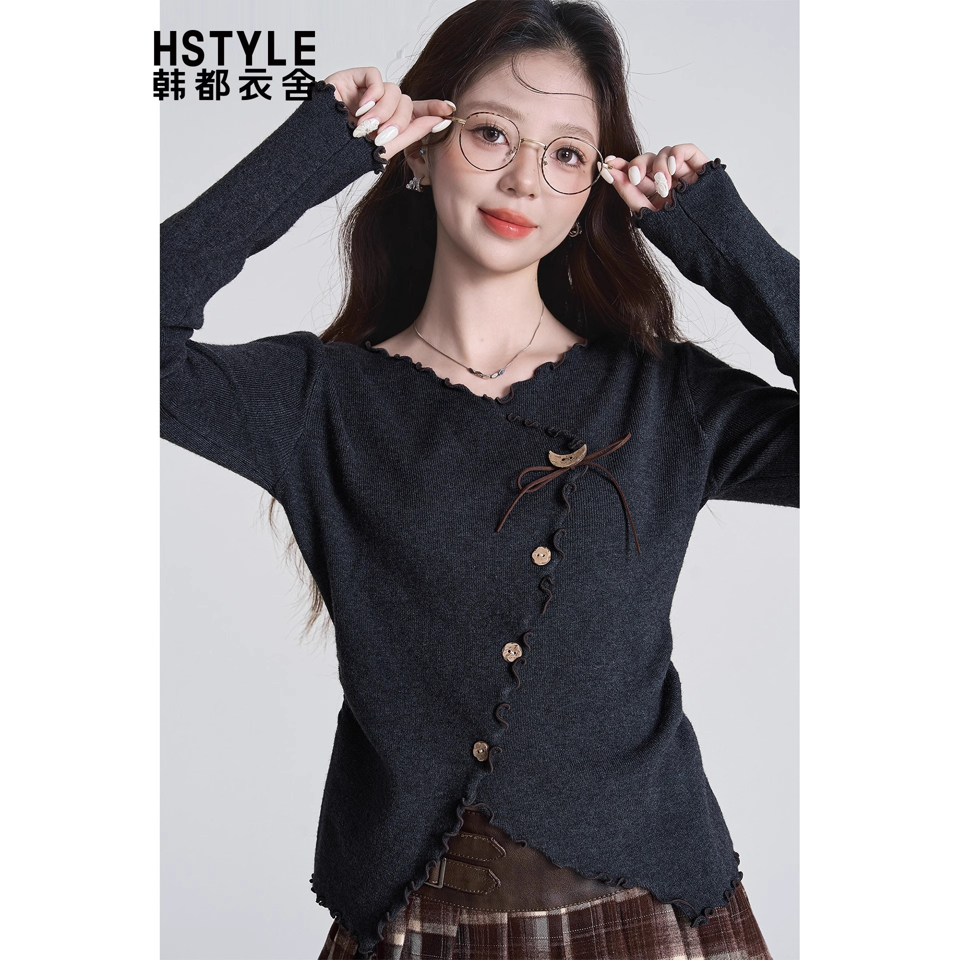 韩都衣舍不规则下摆边开衫长袖针织衫女2025秋季新款修身上衣