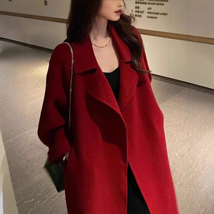 New Autumn and Winter Wool Coat for Women, Double-Sided Cashmere Coat with Belt, Loose Suit Collar, Extra-Long Woolen Coat for Women