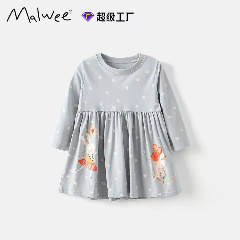 跨境malwee儿童连衣裙秋冬新款欧美中小童圆领长袖洋气小女孩裙子