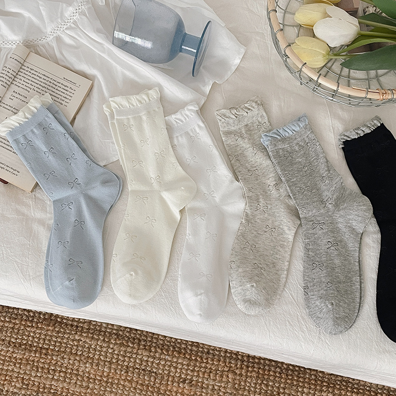 lace socks children's summer thin tube socks korean bow with small leather shoes summer breathable confinement socks spring and summer