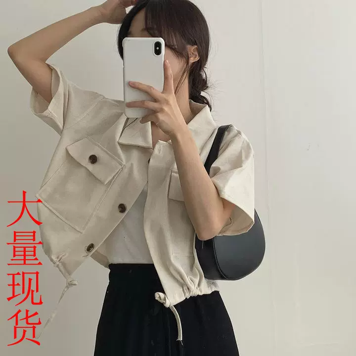 韩国chic 2025夏天新款短款抽绳收腰显瘦夹克工装翻领短袖外套女