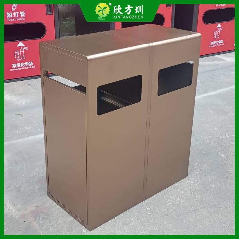 户外电镀香槟金滑轨抽拉式两连体不锈钢分类垃圾桶加厚金属果皮箱