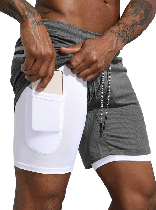 2025 New Foreign Trade Cross-border Double-layer Solid Color Shorts Men's Fitness Training Quick-drying Jogging Pants Cross-border