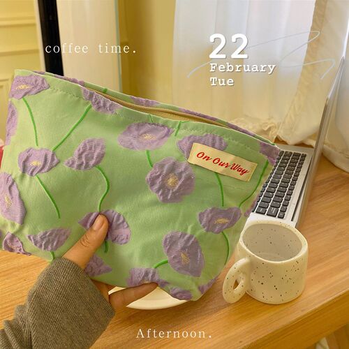 Calla Lily Retro Contrast Color Cosmetic Bag Concave-Convex Texture Double-layer Jacquard Liner Bag Large Capacity Canvas Storage Bag for Women