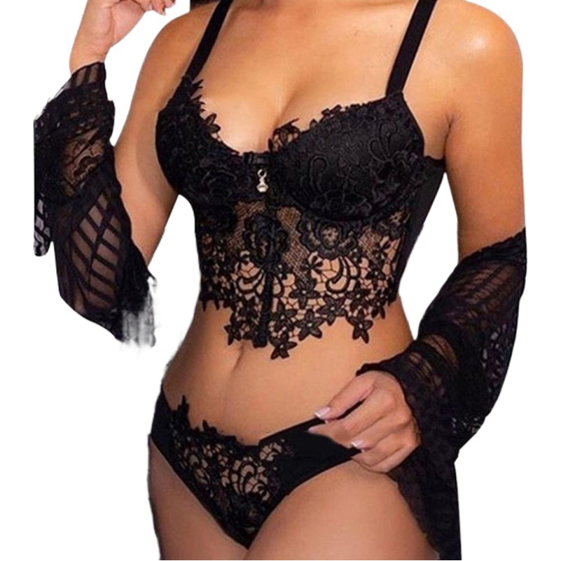 Europa y América transfronteriza sexy Lencería seductora perspectiva de tres puntos negro sexy encaje sin espalda sexy camisón de las mujeres