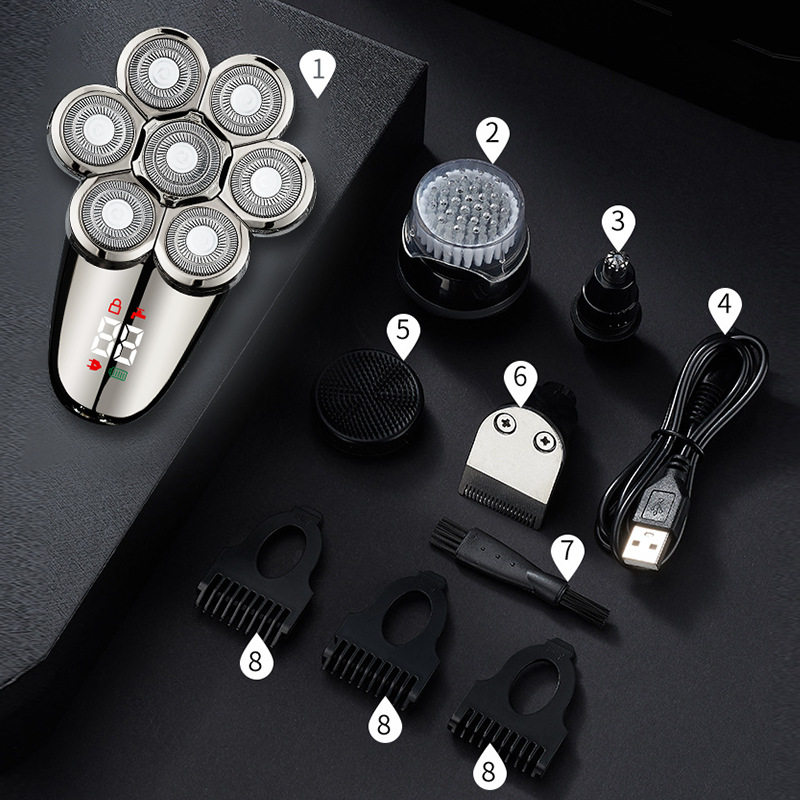 跨境新款電動剃鬚刀數顯七刀頭光頭理髮器電推剪多功能刮鬍刀批發