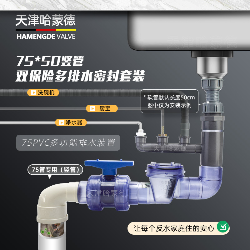 哈蒙德止回阀防反水75止逆阀厨防反水下水管三通多功能接头通50管