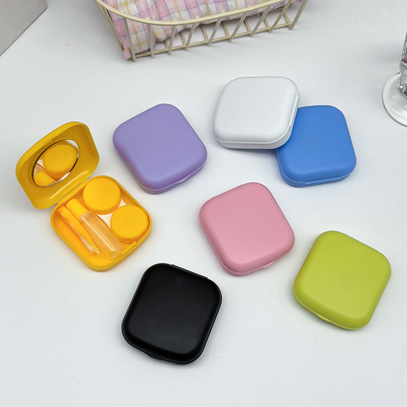 Nueva caja de lentes de contacto de color caramelo con espejo, caja de lentes de contacto de belleza de color sólido pequeña y portátil, caja de cuidado de lentes de contacto
