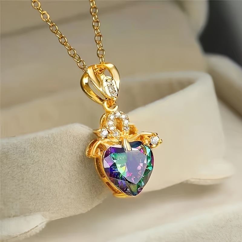 Heart-Shaped Colorful Gold Necklace for Women, Imitation Tourmaline, Colorful Rainbow Heart Clavicle Neck Chain Summer Fall Pendant