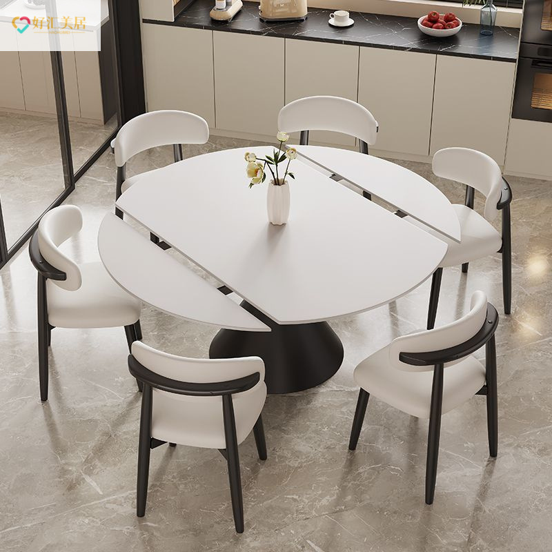 Italian Light Luxury Slate Square and Round Dining Table and Chair Combination Small Apartment Household Rotating Telescopic Round Table Dining Table
