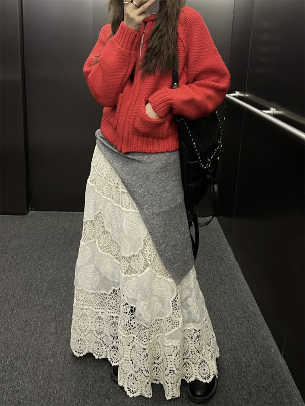 法式重工镂空针织勾花全棉蕾丝半身裙女中长款白色花边a字度假裙|undefined