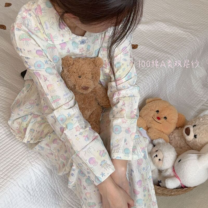 Ins Korean-style cotton aerobic double-layer yarn lapel home clothing simple fashion long sleeve pants pajamas suit wholesale