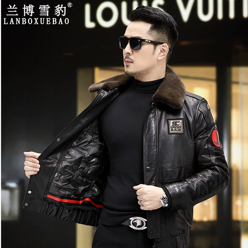 Haining Новое пальто из натуральной кожи, Мужское пальто из масляного воска, первый слой, съемный пуховик из воловьей кожи, норковый мех, лацкан, весна и осень, зима WT