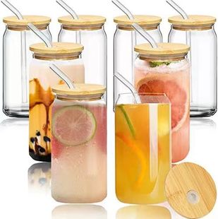 Creative Coffee Cup Mason Glass Water Cup Cold Drink Coke Beverage Cup Milk Tea Milk with Bamboo and Wood Lid Juice Cup