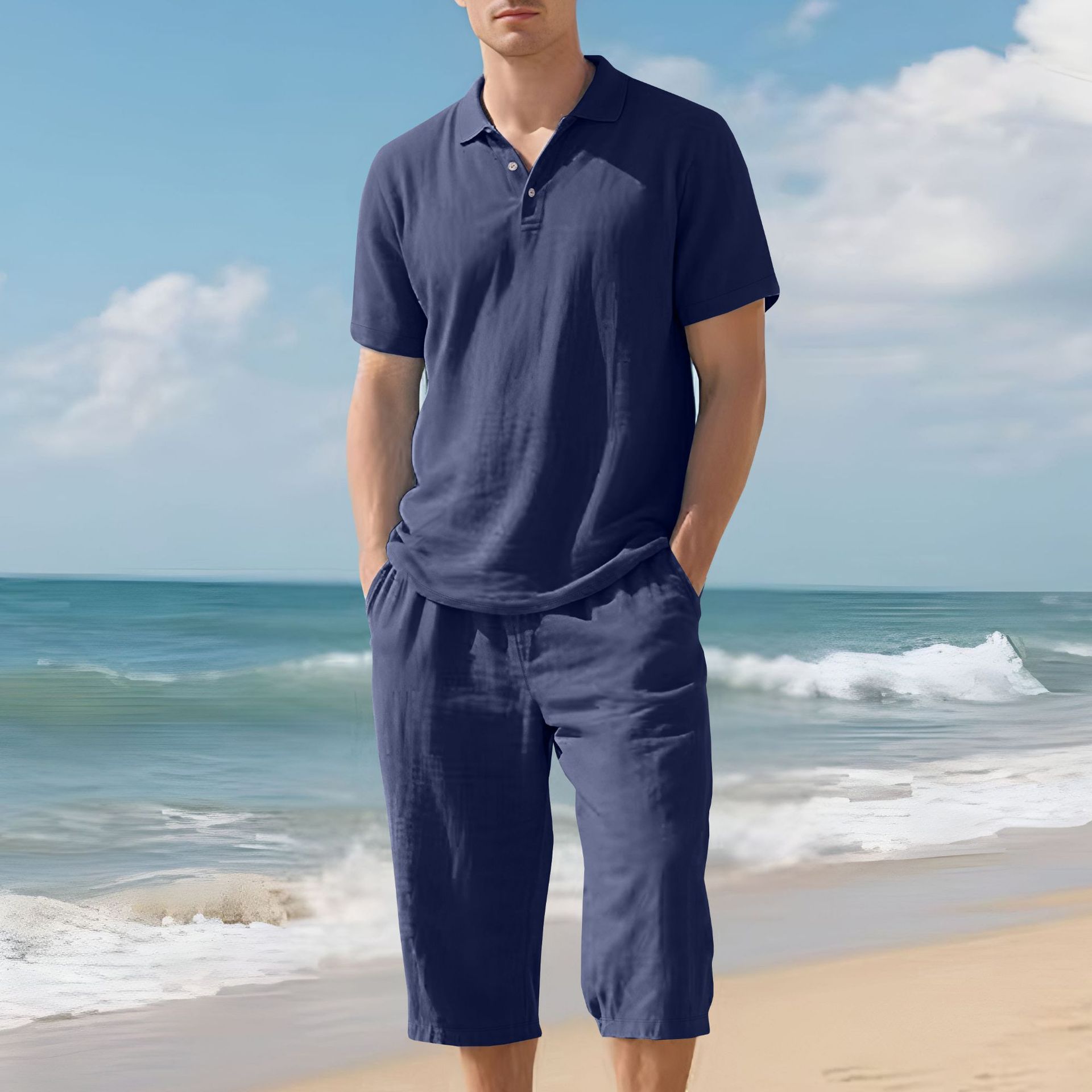 Transfronterizo Amazon Europa y América verano hombres sueltos casual lino transpirable camisa POLO traje de pantalón corto con mangas de playa