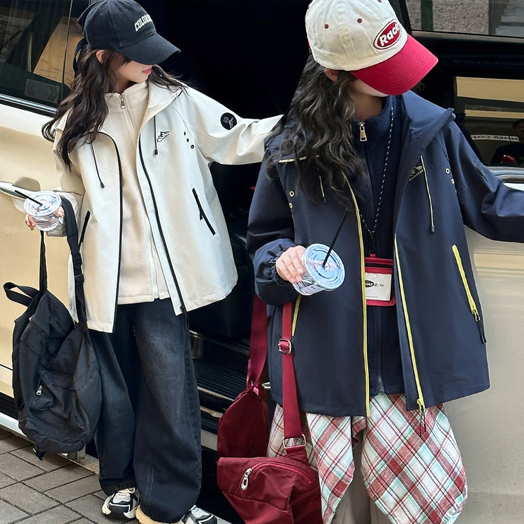 Girls' hooded work jacket, spring and autumn, loose fit, fleece-lined, versatile outdoor casual jacket, Korean style windbreaker