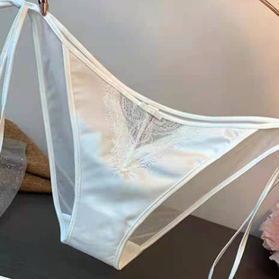 Vintage Solid Color Lace-up Embroidered Briefs Satin Sexy Mesh Underwear Comfortable Breathable Lace Low Waist Briefs