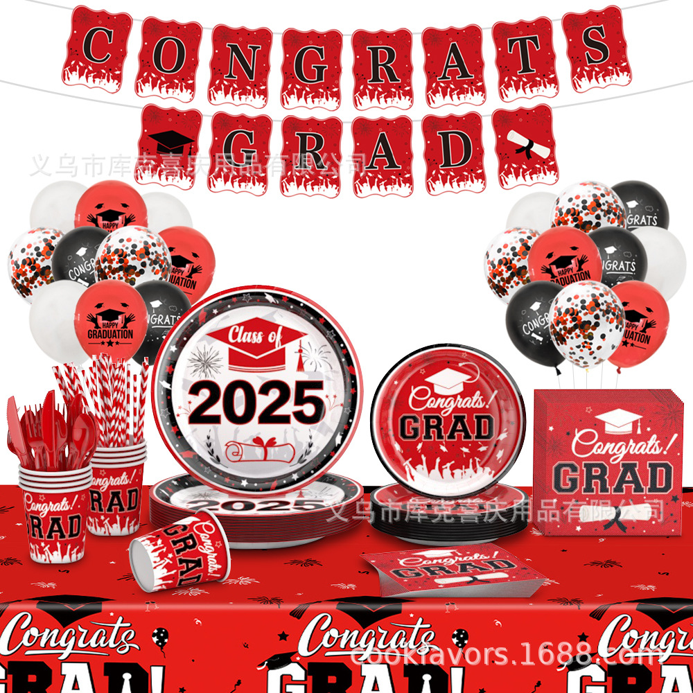 Nueva temporada de graduación roja y negra decoración de fiesta temática de la ceremonia de graduación bandeja de papel desechable tazas de papel toallas de papel cubiertos de fiesta