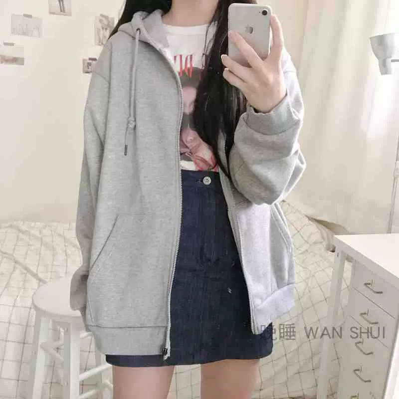 跨境批发 纯色连帽卫衣女拉链开衫春秋学生上衣宽松百搭卫衣外套