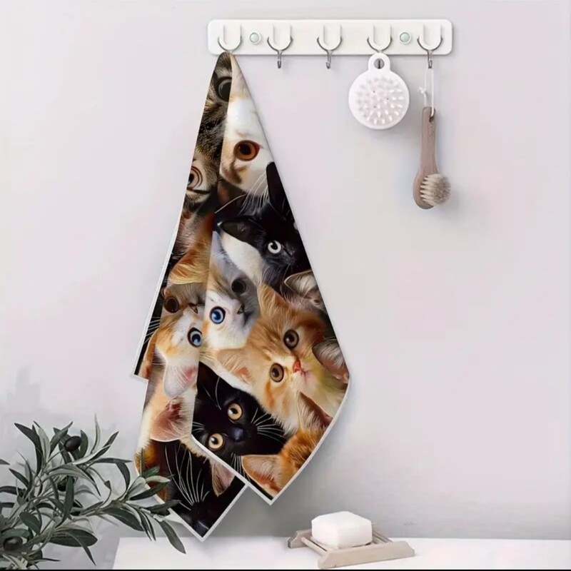 1 Piece of Cat-Patterned Hand Towel, Quick-Drying and Absorbent, Perfect for Kitchen, Bathroom, Dishwashing, and Holiday Decoration