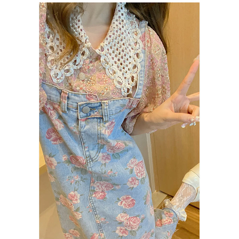 (2개) 긴 꽃 원피스 빈티지 데님 스트랩 원피스 여름 202 디자인 꽉 허리 슬리밍 중간 길이의 아이들